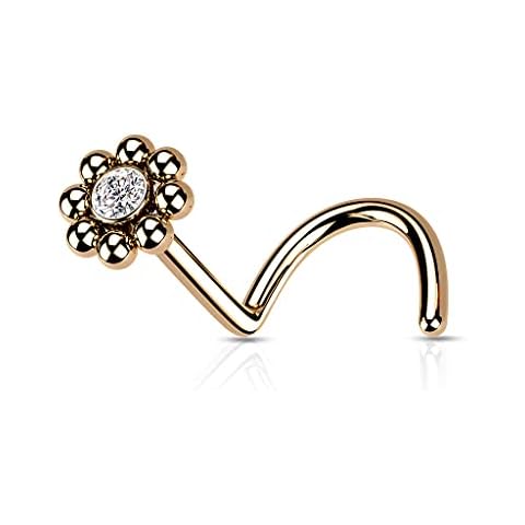 Tata Gisèle Nose Stud in 316L Surgical Steel and Zirconium Oxide - Nose Screw with Clear Zircon Surrounded by Steel Balls - Flower Cover