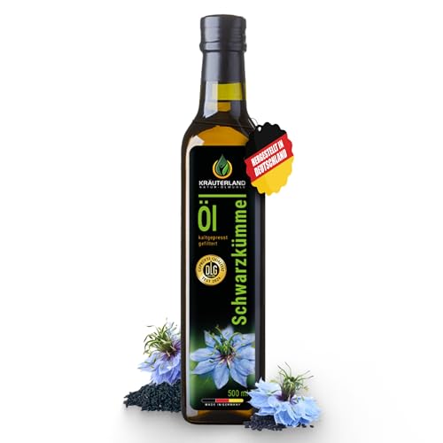 Kräuterland Schwarzkümmelöl 500ml, gefiltert, 100% Nigella Sativa, ohne Zusatz von Aromen-, Farb- & Konservierungsstoffe, kaltgepresst, Thymoquinone, mühlenfrisch aus unsrer hessischen Ölmühle