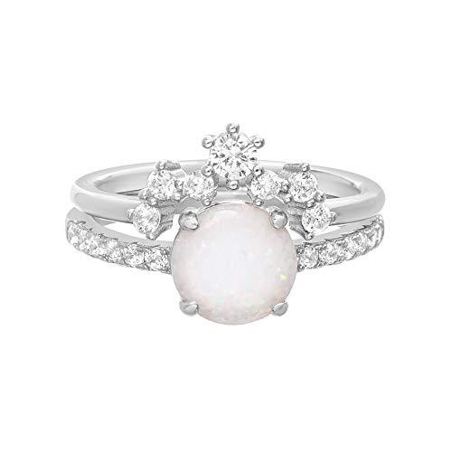TwoBirch Opal Bridal Set with Tiara Contour Band Duo Ring Set with Cubic Zirconia Bezel Band in Sterling Silver (Size 7)