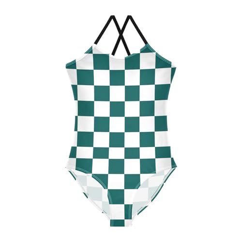 Image of Black and White Chess Girls One Piece Swimsuits Board Marble Tile Sport Halter Swimwear Beach Bathing Suit 3T