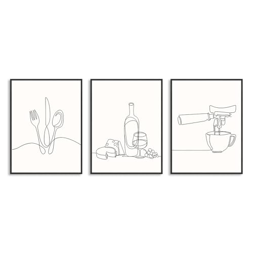 Dazzlewall Set de 3 Pósteres Líneas Minimalistas Blanco y Negro para Cocina Bar Café 30×40 cm Sin Marco