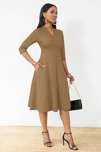 Image of Nmoder Casual Dresses for Women Semi Formal Fit and Flare 3 /4 Sleeve A-line Church Work Dress with Pockets