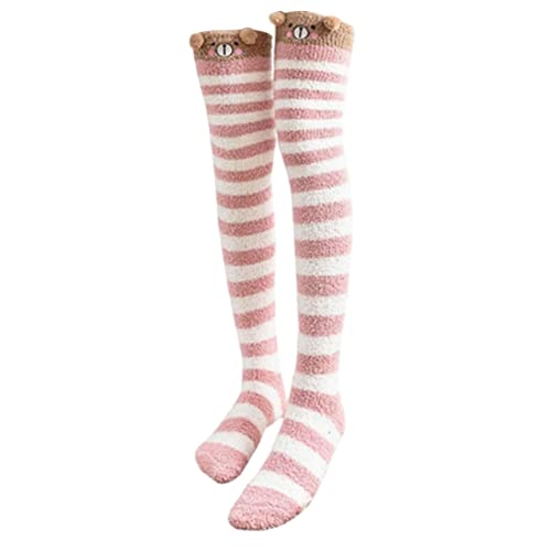 Thigh High Fuzzy Socks Over Knee Cute Cartoon Stripes Soft Coral Fleece Stocking 1Pair Style3 thigh high stockings for girls