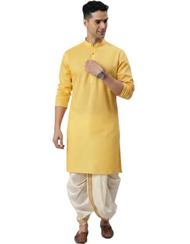 Image of Men Cotton Kurta & Silk Dhoti | Ethnic Wear for Weddings, Festivals & Celebrations (Pack of 1)