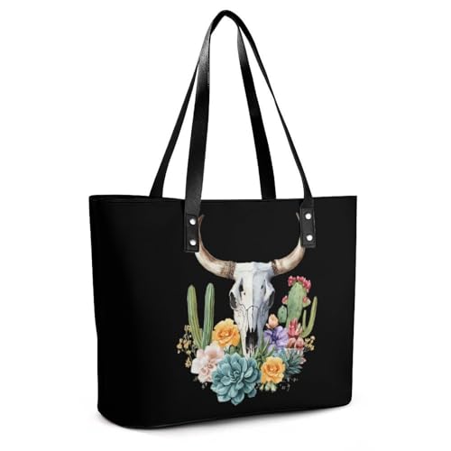 Cow Skull Cacti And Succulents Women's Leather Handbag Shoulder Bag Tote Purse Bags for Shopping Travel3