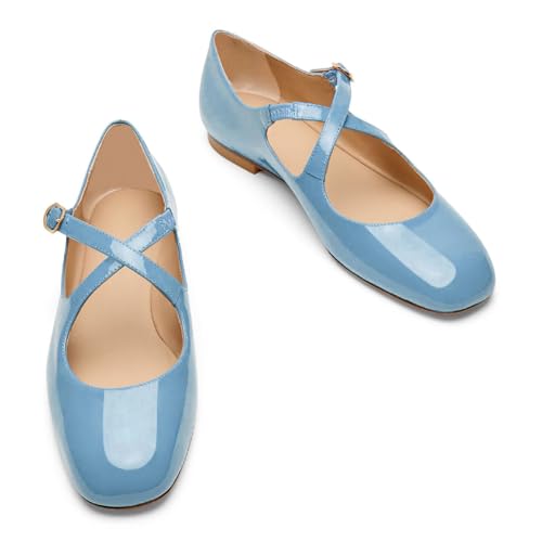 Women's Square Closed Toe Crisscross Ballet Flats Chic Patent Leather Cross Strap with Buckle Mary Jane Flat Shoes Casual Dressy Comfortable Flats for Women Light Blue Size 92