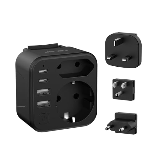 JSVER Enchufe de Viaje Universal,Adaptador Enchufe Universal con 3 Enchufes Reemplazables Tipo B/G/C Cargador Internacional para España, EE. UU., Reino Unido, UE/Singapur/Canadá(Negro)