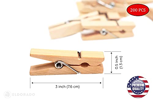 Eldorado Clothespins, Standard Natural Wooden, Stain Proof, 3 Inch, 200 Value Pack, For Multipurpose Everyday Laundry, Clothes, Towels, Craft, Photos, Pictures, Decor, Baby Shower, Art Wall #TOP4