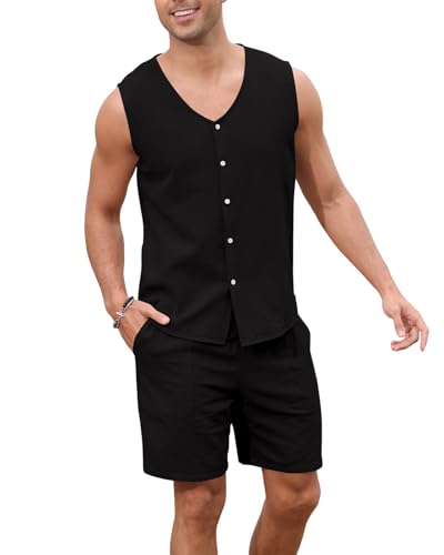 Ryehack Conjunto de hombre hawaiano de 2 piezas, traje de verano, informal, chaleco y pantalones cortos, chándal con botones de playa, M-3XL, Negro , XXL