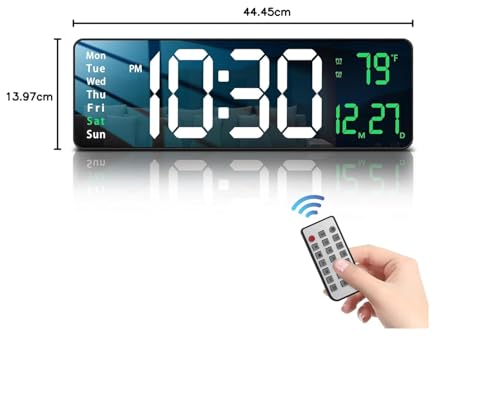 Image of EASEPRES 16 inch Digital Wall Clock with Remote Control - LED Display, Auto-Dimming,Dual Alram,Countdown Timer, Date, Day,Temperature & Calendar - 12 /24 Hour Format, ABS Rectangle Design (White + Green)