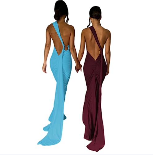 Suillty Women's Sexy Oblique Shoulder Backless Maxi Dress Ruched Back Strap Sleeveless Party Club Long Dresses Bodycon3