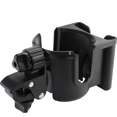 Universal Stroller Cup Holder with Phone Holder, 360°Rotatable Bottle Holder with Strong Clip, Accessories for Stroller, Bike, Wheelchair, Walker, Scooter