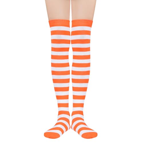 Zando Halloween Striped Womens Thigh High Socks Stay Up Thigh Highs Long Elastic Over the Knee Socks Tube Leg Warmers for Cosplay Casual Athletic Lightweight Orange White