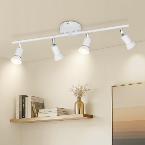 Ketom Plafonnier LED 4 Spots Blanc, Éclairage de Plafond GU10 Moderne, Barre de Spots, Lumiere Plafond Orientable Intérieur pour Cuisine, Chambre, Salon, Couloir, Sans...