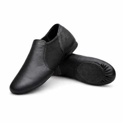 iKelpie Slip On Black Jazz Dance Shoes Soft Leather Split Sole Flexible Neoprene Upper Rubber Heel Lightweight Modern Stage Dance Shoes for Kids & Adults Kids 6J
