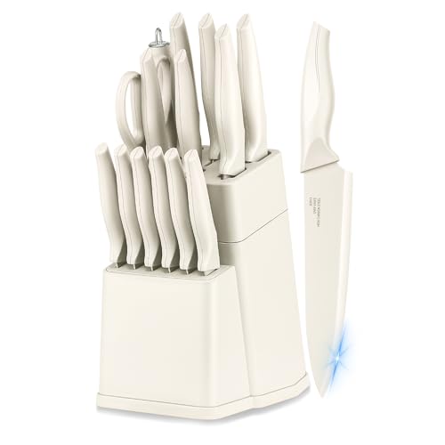 Joyfair Messerblock mit Messer, 15-teiliges Hochwertig Carbon Edelstahl Messerset mit Wetzstahl, Scharf Messer Set mit Kochmesser, Brotmesser, Schere, Küchenmesser für Hacken & Schneiden, Weiß