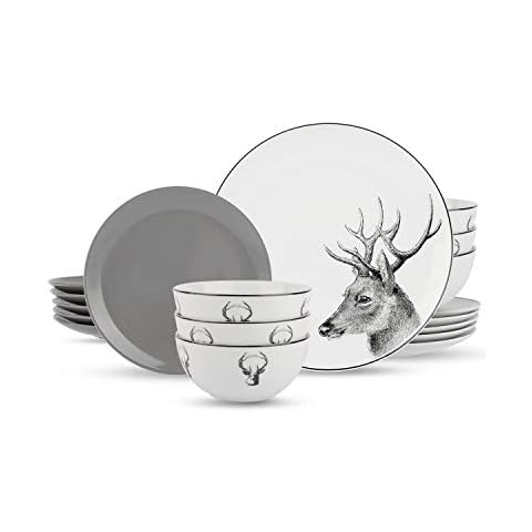 Kitchen Plates and Bowls Sets for 6, 18 Piece Dinnerware Sets, Dish Set with Deer Theme, Microwave Safe Plates and Bowls, Chip Resistant Dinnerware, Dishwasher Safe Cover
