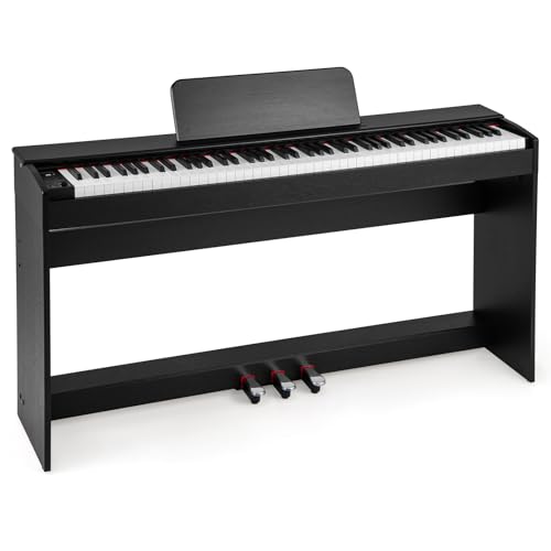 COSTWAY Piano Numérique 88 Touches, Clavier Piano Électrique Lesté avec Triple Pédales, Mode Double Clavier, USB MIDI, Haut-Parleurs Stéréo, Prises Casque, 128 Rythmes & Sonorités pour Débutants