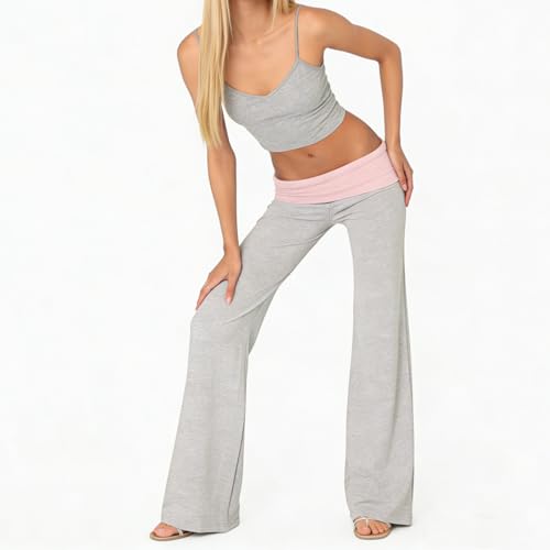 Image of Lounge Yoga Pants for Women Fold Over Low Waist Wide Leg Bell Bottoms | Y2K Foldover Pants, Flare Leggings, Low Rise Yoga Sweatpants