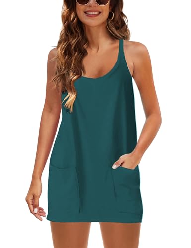 Image of Lentta Womens Athletic Sleeveless Mini Dress with Built-in Shorts V Neck Spaghetti Strap Sundress