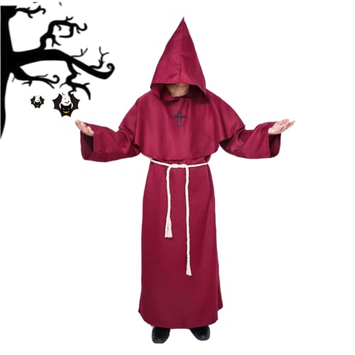 MiiDD Monje Sacerdote Túnica de Robe para Medieval Renacimiento Trajes de Vampiros,Disfraz de Gótico cosplay con Cruz para Halloween Carnaval Disfraces con Capucha para Hombre(Rojo,M)