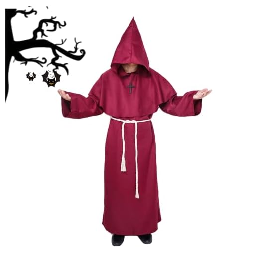 MiiDD Monje Sacerdote Túnica de Robe para Medieval Renacimiento Trajes de Vampiros,Disfraz de Gótico cosplay con Cruz para Halloween Carnaval Disfraces con Capucha para Hombre(Rojo,M)