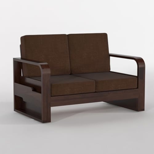 Image of Solid Sheesham Wooden 2 Seater Sofa for Living Room | Sofa with Side Pocket Storage & Cushion | Rosewood Sofa Set for Home (Walnut with Brown Cushion, 2 Seater)