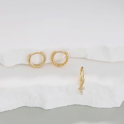 Image of Gold Earrings for Women, 14k Gold Plated Dangle Huggie Earrings for Women Trendy Dainty Gold Hoop Earring Stacks Hypoallergenic Pearl Chain Drop Cartilage Earring Fashion Womens Jewelry