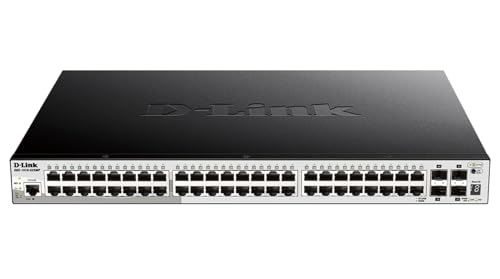 D Link DGS 1510 52XMP   Switch Poe de 48 Puertos Gigabit L2+ (Funcionalidades L3) y 4 Puertos 10G SFP+, Apilable, Altura 1U, Vlan Automática para Video Vigilancia y Telefonía Ip, Hasta 370 W, Negro