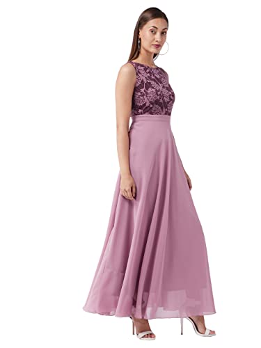 Image of Miss Chase Women's Brick Red & Dusty Green Boat Neck Sleeveless Self Design Lace Overlaid Regular Dress