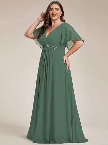 Image of Ever-Pretty Short Sleeves V Neck Plus Size Formal Dresses for Curvy Women Chiffon Mother of The Bride Dress Evening Gowns