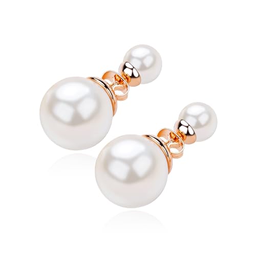Double Pearl Drop Earrings for Women, Rose Gold Plated Elegant Dangle Earrings, Classic Pearl Jewelry for Wedding & Everyday Wear