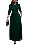 Runwind Women Maxi Button Down 3/4 Sleeves Print Dress Casual with Pockets and Belt Green L