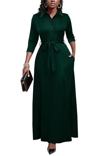 Image of Runwind Women Church Maxi Dresses 3 /4 Sleeve Button Down Print Casual Office Dress African