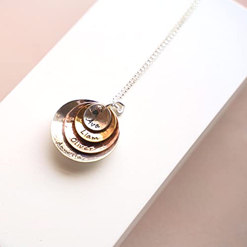 My Four Treasures Personalized Necklace with 4 Customizable Discs in Sterling Silver, 14k Gold Plate and Rose Gold Plate with a 925 Heart Charm4