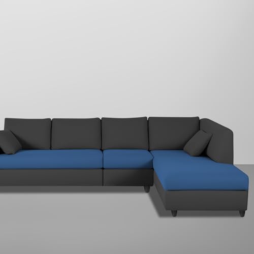 Image of Florian RHS 6 Seater L Shape Sofa Set for Living Room (Blue Black Fabric) Premium Fabric Sofa