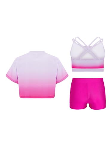 Hansber Kids Girls Gradient Sports Outfit Set T-shirt with Crop Top and Shorts for Yoga Fitness Hot Pink 14 Years2