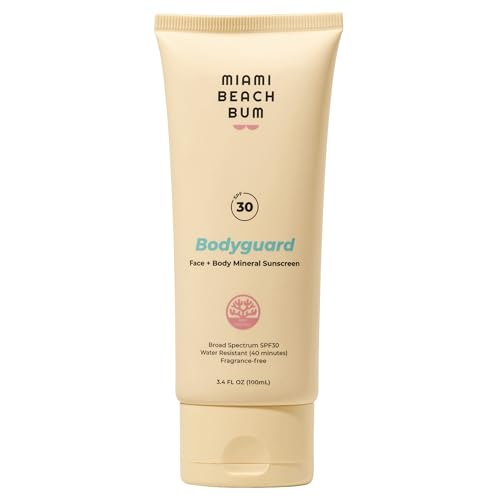 Miami Beach Bum, Bodyguard SPF30 UVA/UVB Silky & lightweight with a sheer, no‑white‑cast finish. Broccoli, aloe & algae, Fragrance‑free & gentle for sensitive skin 3.4oz