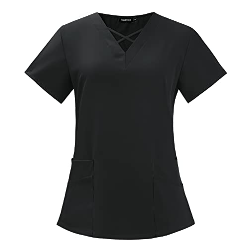 niaahinn Scrubs Top with Exquisite V-Neck & Multifunctional Pocket Medical Uniform for Nursing & Doctor (Black,Medium,Medium)