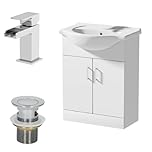 Affine® 650mm Bathroom Vanity Unit Ceramic Sink Floorstanding Storage Cabinet Cupboard & Chrome Waterfall Basin Tap & Waste Set, White Gloss