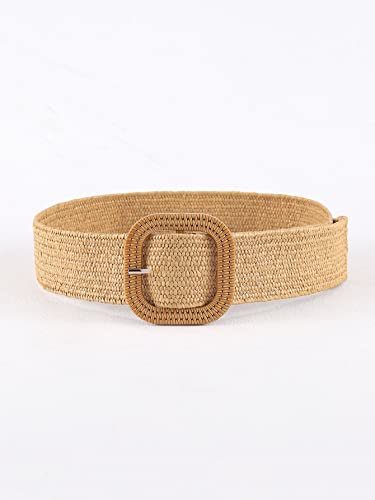 Verdusa Women's Boho Straw Woven Belt Square Buckle Wide Waist Belt Khaki One-Size2