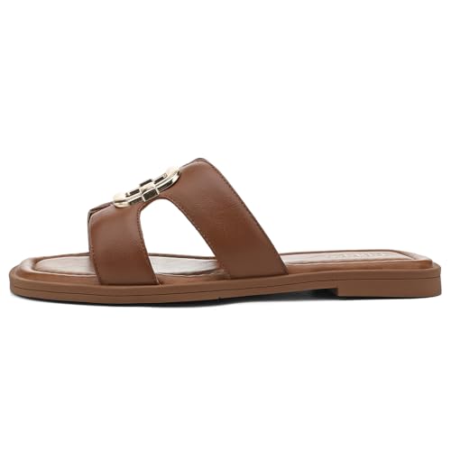 Image of UBFEN Womens Square Toe Flat Sandals Slides Dressy Comfortable for Beach