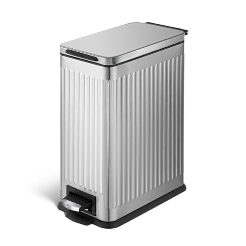 Image of Home Zone Living 4 Gallon Kitchen Trash Can with Slim Fit Design | Stainless Steel with Soft-Close Step Pedal Lid, Bag Tuck Band for Easier Bag Changes, Rectangular Shape, Reeded Style, Silver