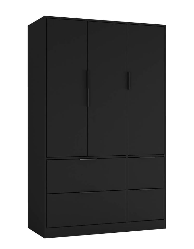 URBNLIVING 3 Door Wardrobe with 4 Drawers Wooden Bedroom Storage Cupboard with Hanging Rail for Clothes - Black Unit & Black Doors & Drawers