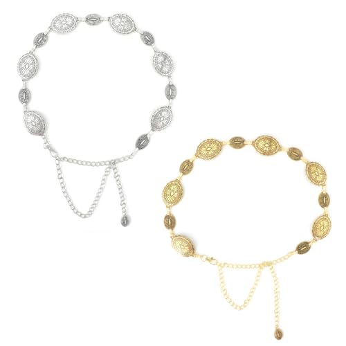2Pcs Women's Concho Chain Belts, Adjustable Oval Metal Waist Chain Vintage Country Belts for Dress Jeans Decoration