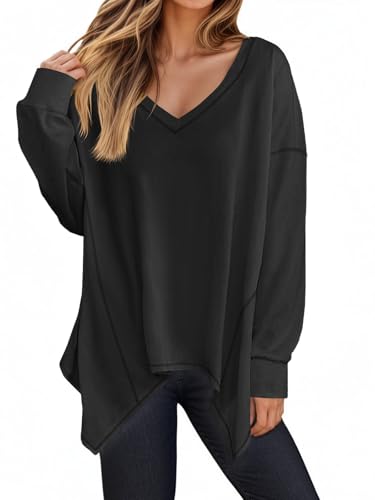 Tankaneo Womens Oversized Long Sleeve V Neck Tops Casual Asymmetrical Hem Loose Fit Shirts Trendy Fall Tunic Tops
