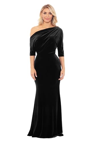 Betsy & Adam Women's Long Stretch Velvet One Off Shoulder Asymmetric Sleeve Gown, Black, 14