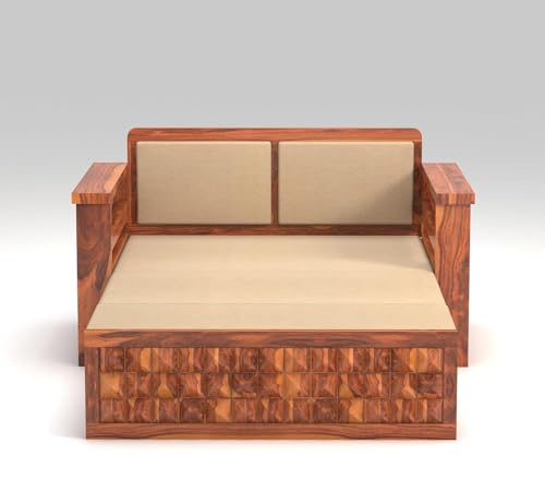 Image of Wooden Sofa Cum Bed | Sheesham Wood Sofa Bed for Living Room | Handmade Heavy Duty Foldable Sofa Cum Bed with Mattress Option | Traditional Modern Design (Allis Honey)