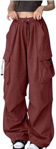 Cargo Pants Women High Waisted Baggy Fashion Streetwear Y2k Drawstring Trousers Outdoor Workout Wide Leg Hiking Pants Wine