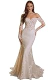 Off Shoulder Lace Applique Wedding Dresses for Women Tulle V Neck Long Sleeve Bohemia Birde Dress Mermaid Elegant Bridal Gown with Train White US10